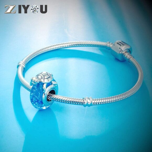 Sea Turtle Charm Sterling Silver with Blue Glass Beads Fit Pandora Ocean Bracele - Picture 5 of 7